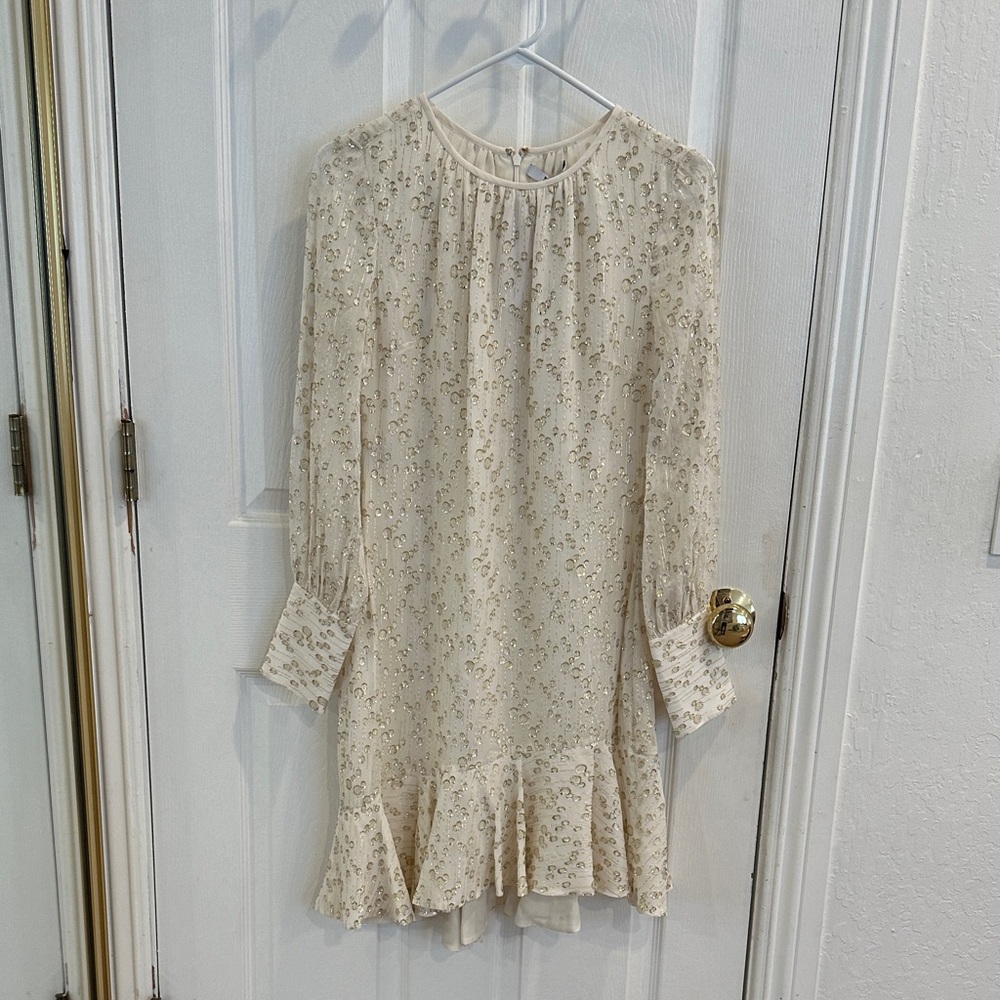 NWT Derek Lam Ivory Silk Metallic Gold Embellished Long-Sleeve Ruffle Dress